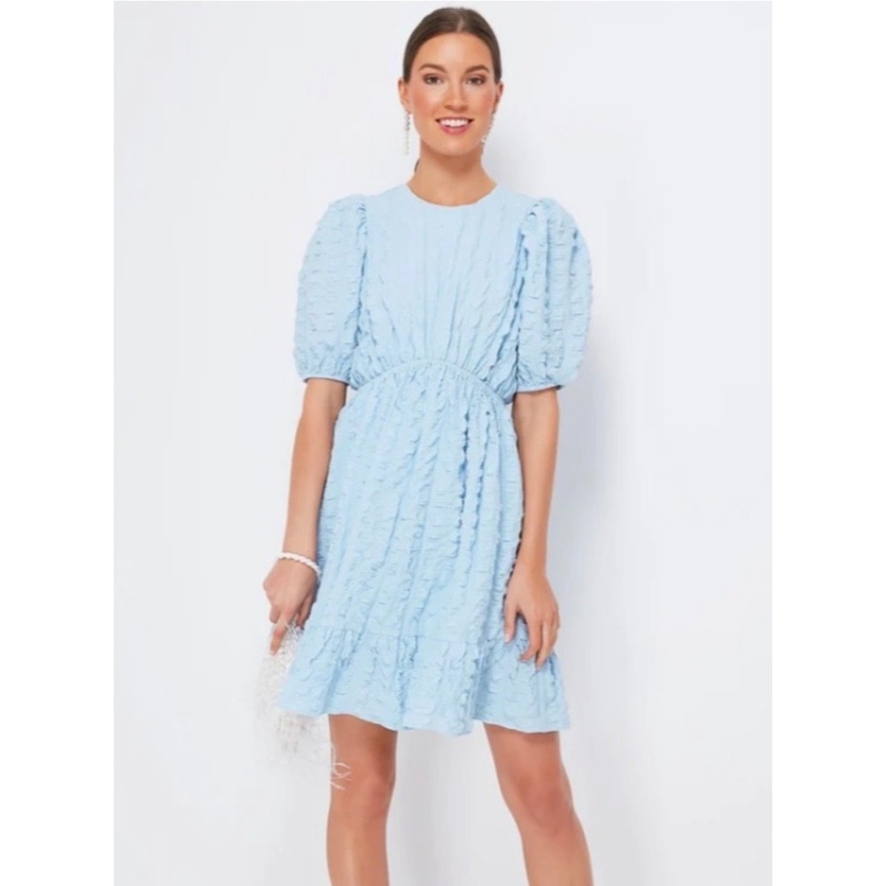 Hyacinth House Emersyn Mini Dress XS Blue Seersucker Puff Sleeve